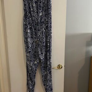 Lily Pulitzer Blue and White Floral Jumpsuit with Wide-Leg Design